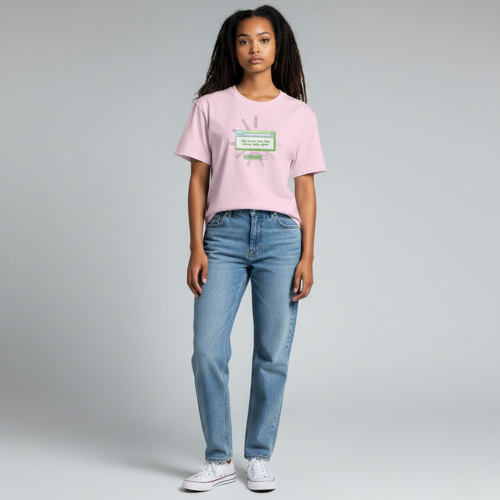 Jena Jewelry pink cotton t-shirt with "My brain has too many tabs open" graphic in green dialog box.