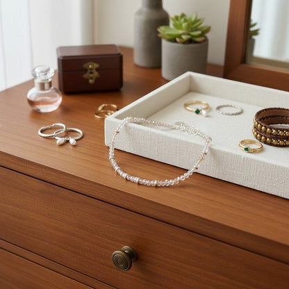 Jena Jewelry delicate pink crystal beaded necklace with rose gold spacers, symbolizing love and feminine energy.