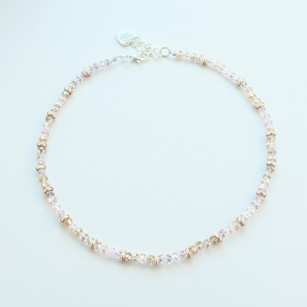 Jena Jewelry delicate pink crystal necklace with rose gold tone spacers, perfect for feminine energy and love.