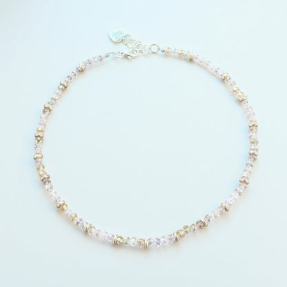 Jena Jewelry delicate pink crystal necklace with rose gold tone spacers, perfect for feminine energy and love.