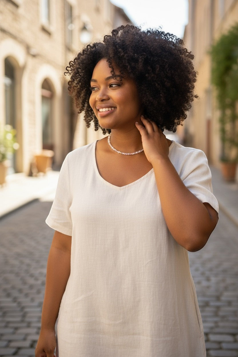 Jena Jewelry delicate pink crystal necklace with rose gold spacers, worn by a woman outdoors.