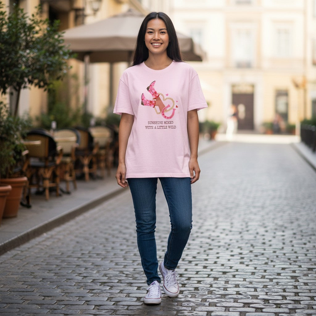 Jena Jewelry pink cotton graphic tee with 'Sunshine Mixed With A Little Wild' text and pink cowboy boots graphic.