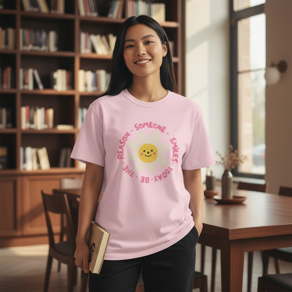 Jena Jewelry pink cotton graphic tee with a smiling daisy and "Be the Reason Someone Smiles Today" text.