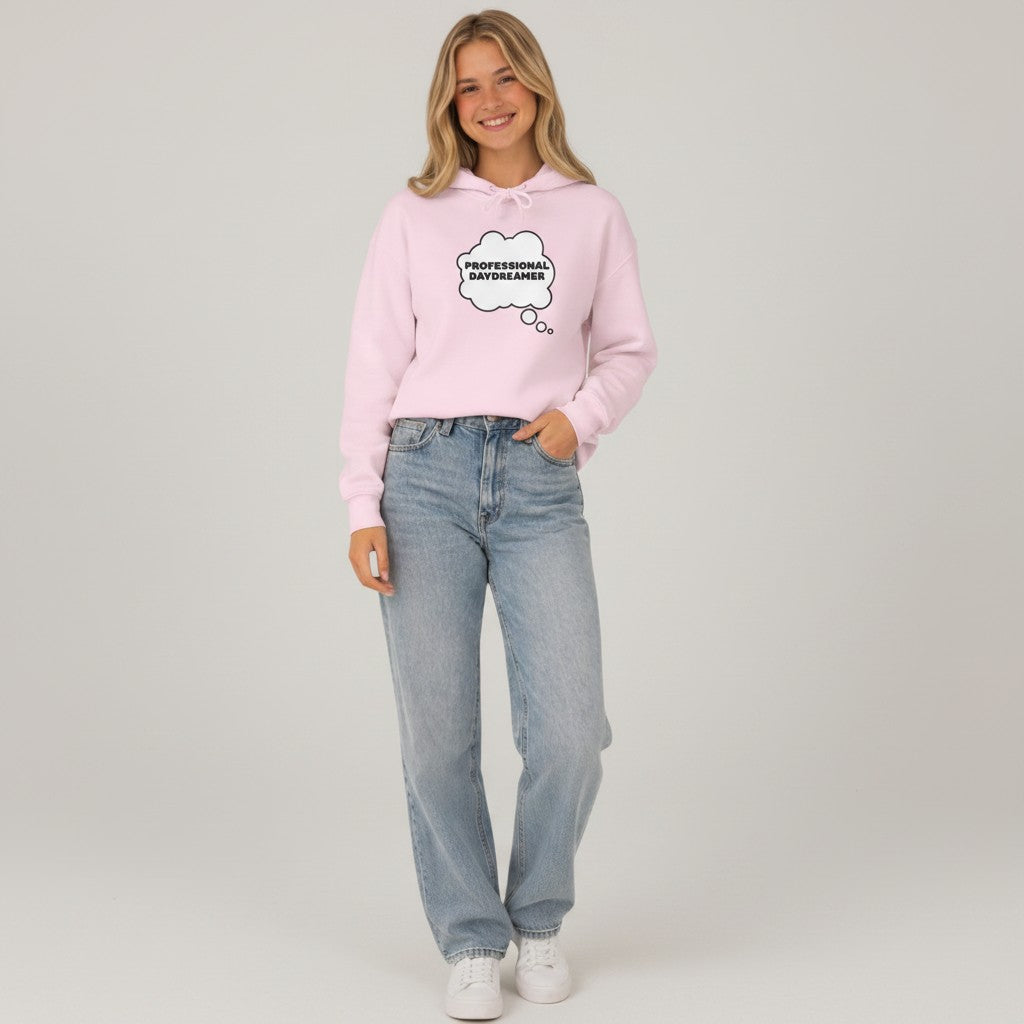 Jena Jewelry light pink cotton-poly blend hoodie with "Professional Daydreamer" graphic in a thought bubble.