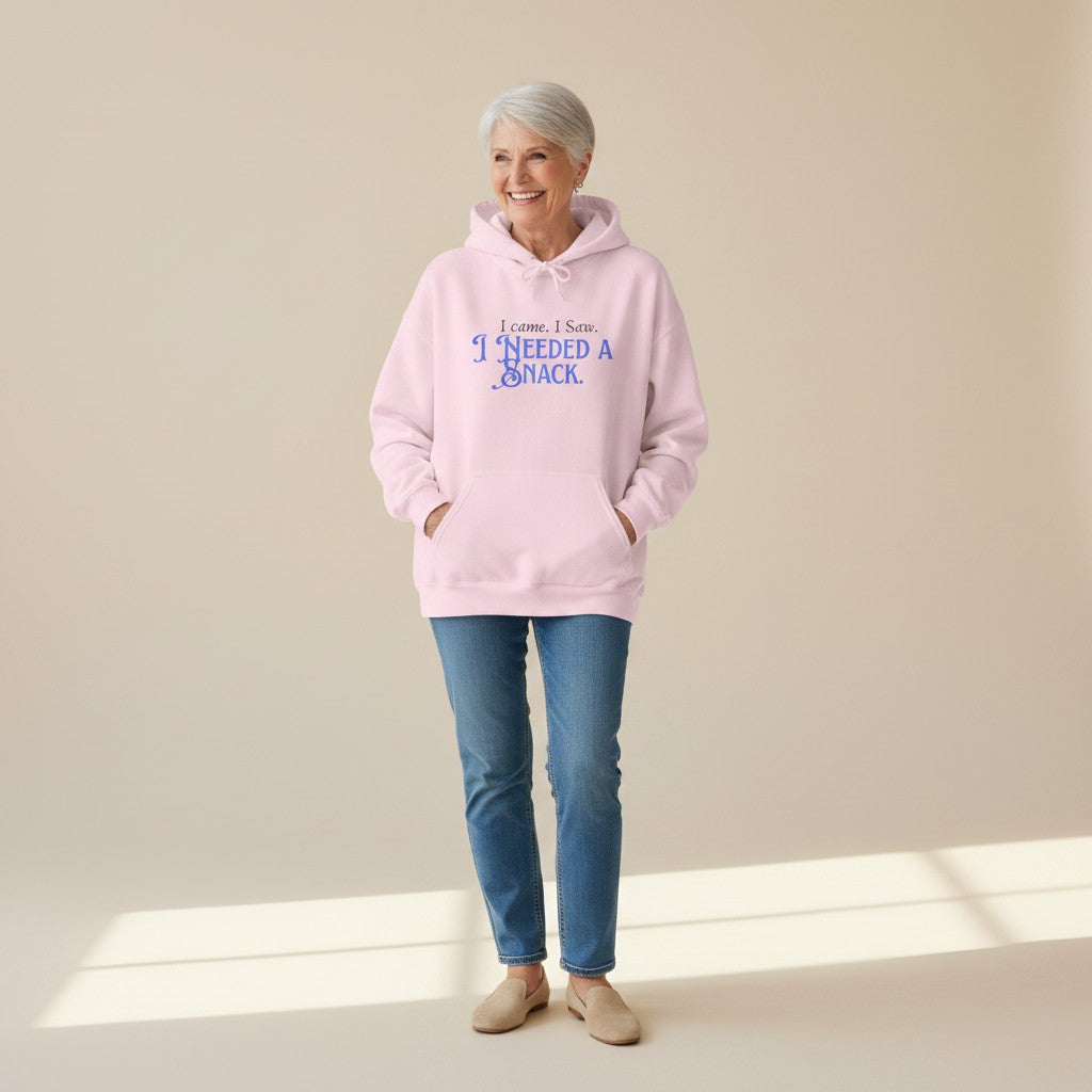 Jena Jewelry light pink cotton-poly blend hoodie with "I came. I saw. I needed a snack." graphic print in blue.