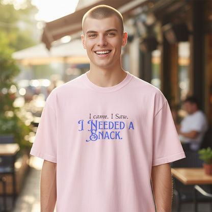 Jena Jewelry light pink 100% cotton t-shirt with blue text that reads "I came. I saw. I needed a snack."