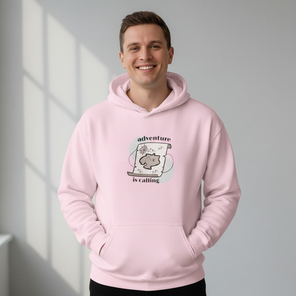 Jena Jewelry light pink cotton-poly blend hoodie with a map graphic and "adventure is calling" text.