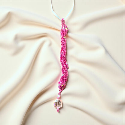 Jena Jewelry pink seed bead icicle ornament with a faceted crystal charm, handcrafted for holiday sparkle.