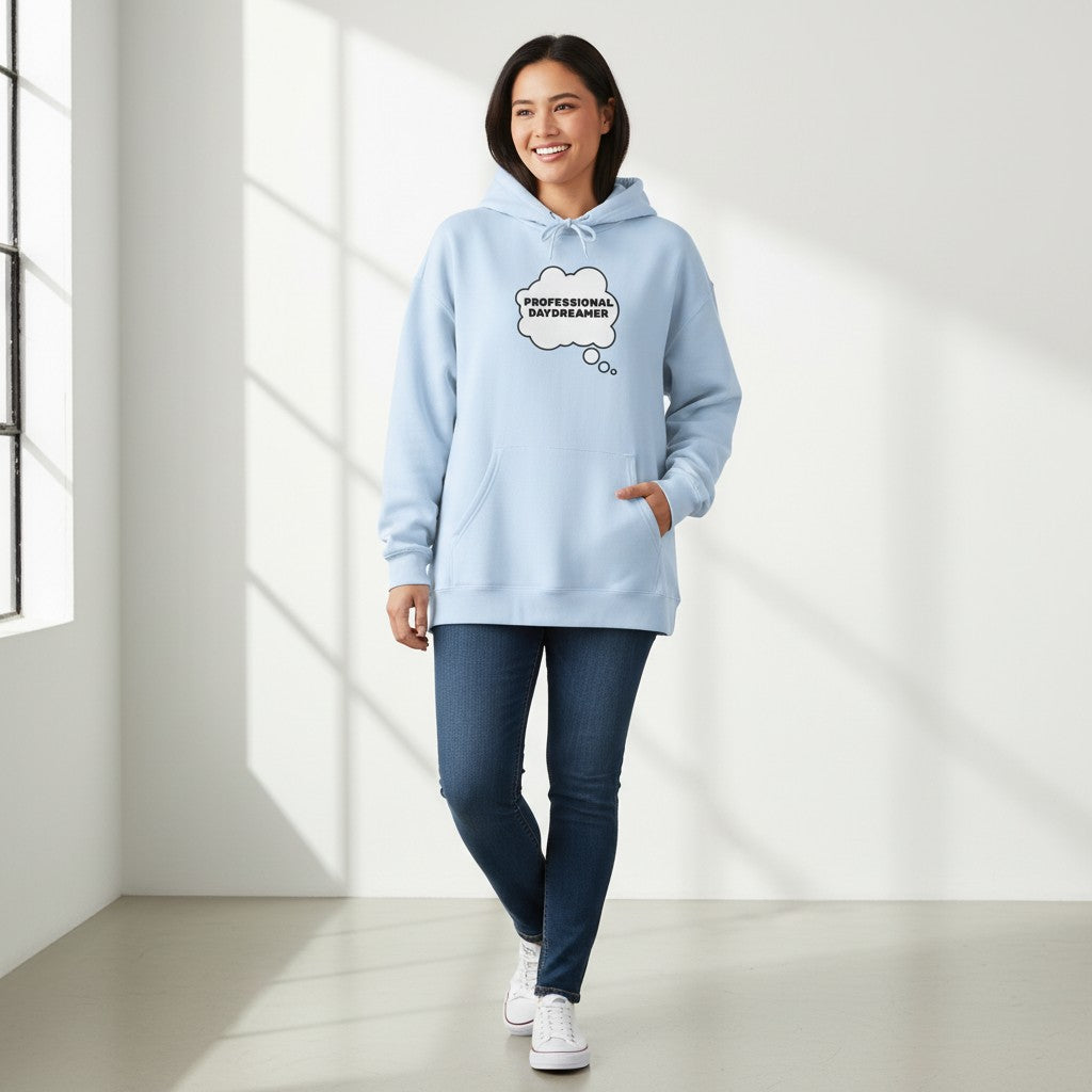 Jena Jewelry light blue cotton-poly blend hoodie with "Professional Daydreamer" graphic in a thought bubble.