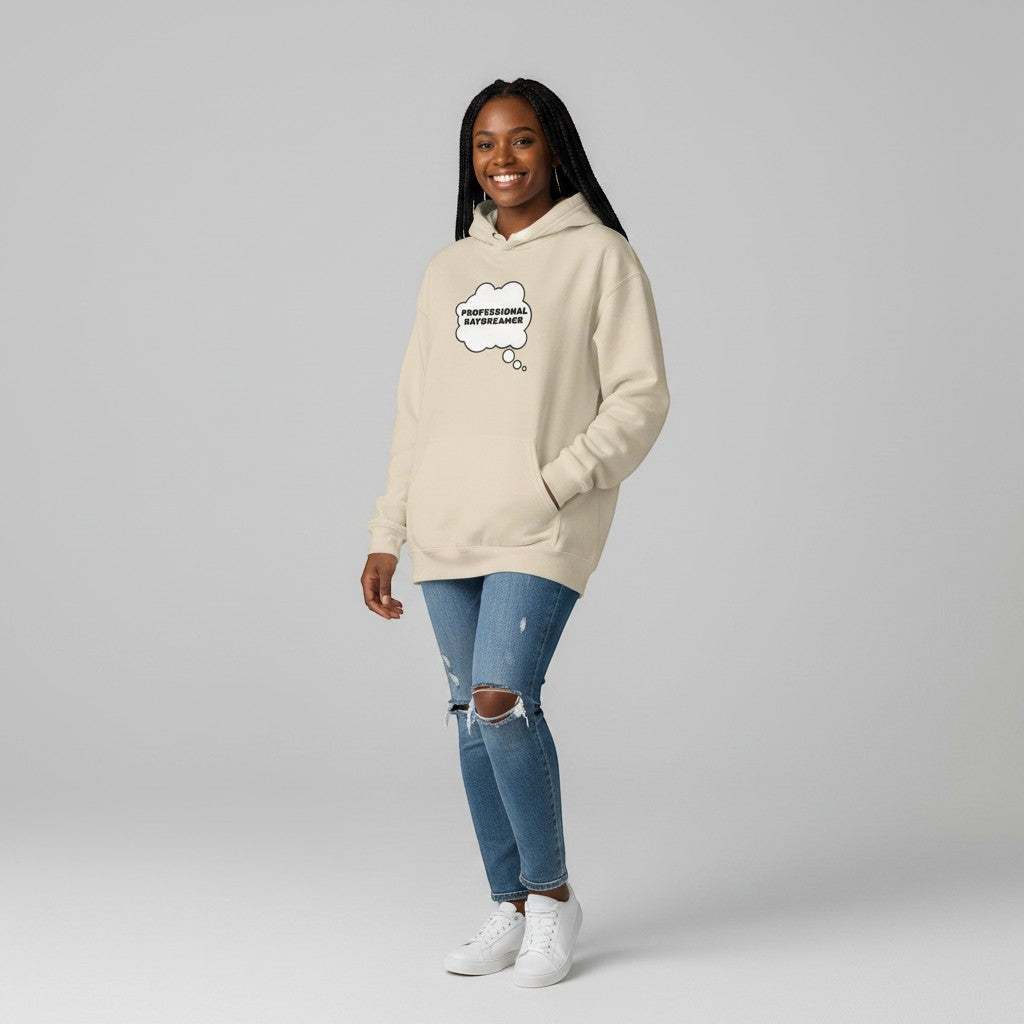 Jena Jewelry beige 50/50 cotton-poly blend hoodie with "Professional Daydreamer" graphic in a thought bubble.