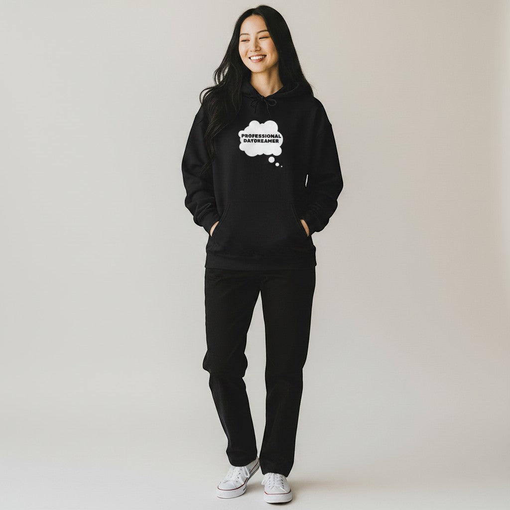 Jena Jewelry black cotton-poly blend hoodie with "Professional Daydreamer" graphic in a white thought bubble.