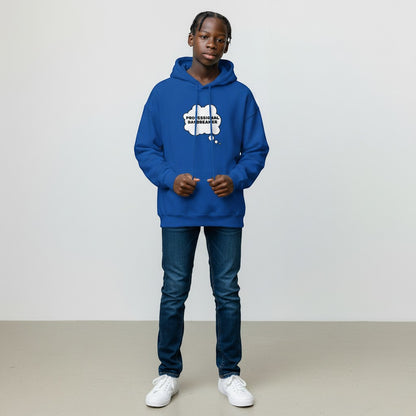 Jena Jewelry royal blue cotton-poly blend hoodie with "Professional Daydreamer" thought bubble graphic on chest.