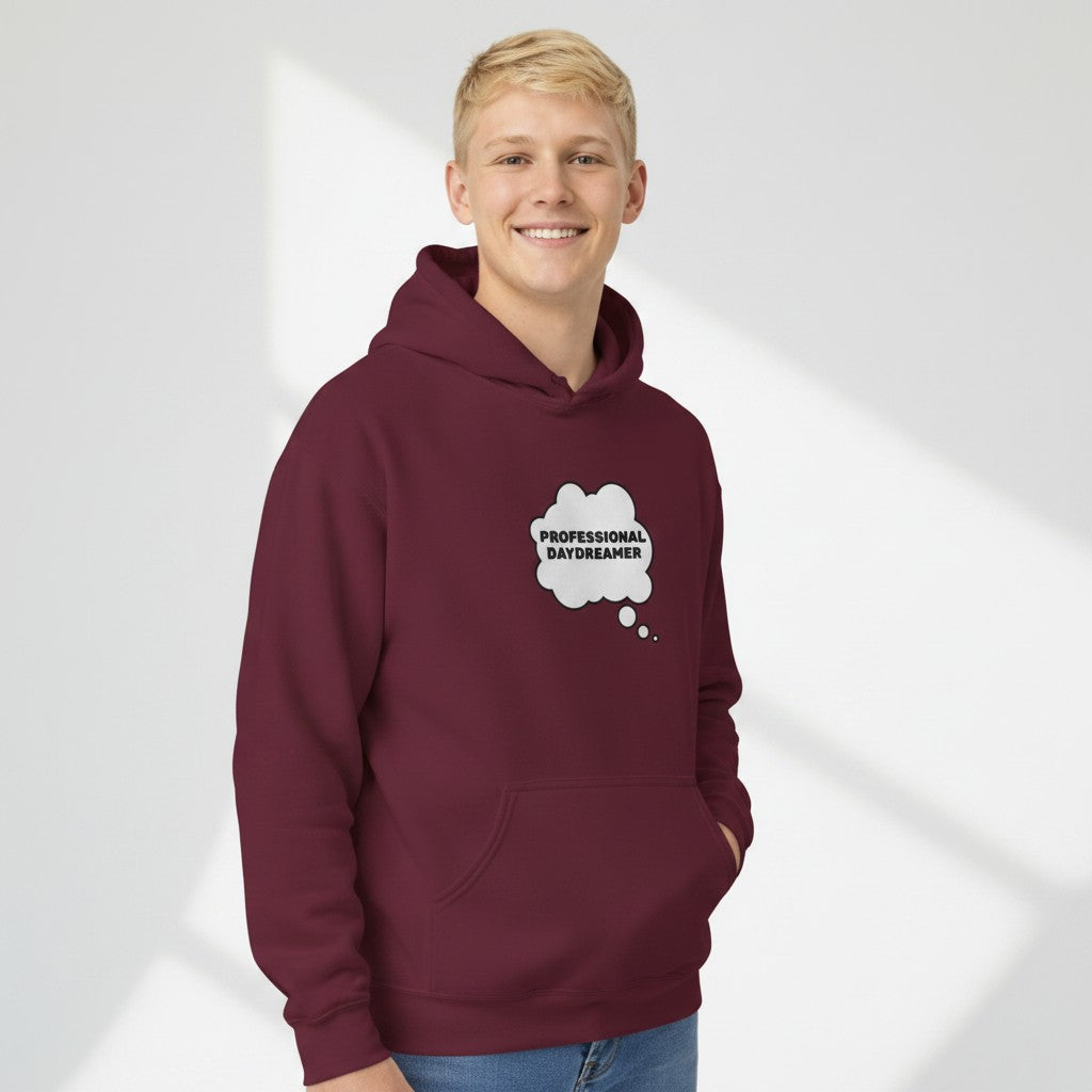 Jena Jewelry burgundy cotton-poly blend hoodie with "Professional Daydreamer" graphic in a white thought bubble.