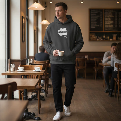 Jena Jewelry charcoal grey cotton-poly blend hoodie with "Professional Daydreamer" thought bubble graphic on chest.