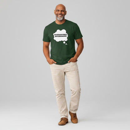 Jena Jewelry Professional Daydreamer T-Shirt in dark green, 100% cotton with a white thought bubble graphic.