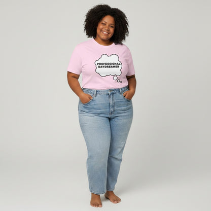 Jena Jewelry pink cotton t-shirt with "Professional Daydreamer" in a thought bubble graphic. Casual wear.