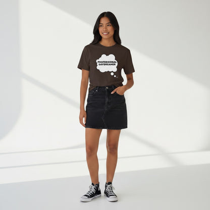 Jena Jewelry brown 100% cotton t-shirt with white thought bubble graphic saying "PROFESSIONAL DAYDREAMER"