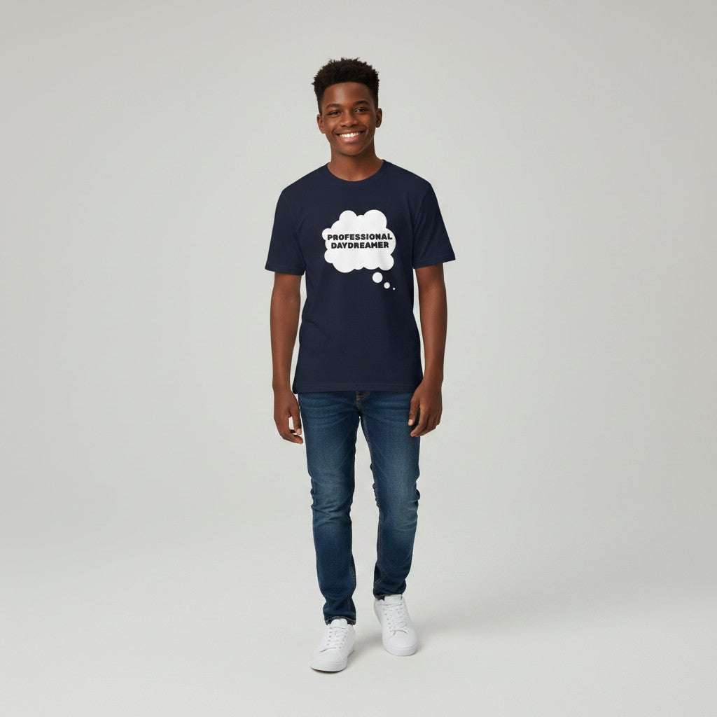 Jena Jewelry navy blue 100% cotton t-shirt with white thought bubble graphic saying "PROFESSIONAL DAYDREAMER".