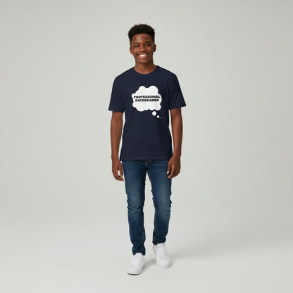Jena Jewelry navy blue 100% cotton t-shirt with white thought bubble graphic saying "PROFESSIONAL DAYDREAMER".
