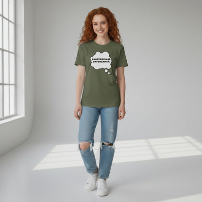 Jena Jewelry olive green 100% cotton t-shirt with white thought bubble graphic saying "PROFESSIONAL DAYDREAMER"