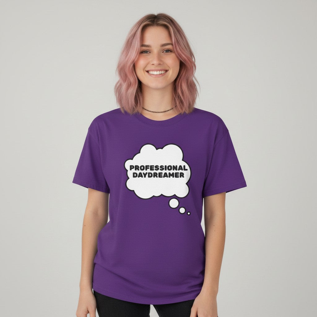 Jena Jewelry purple cotton t-shirt with a white thought bubble graphic that says "PROFESSIONAL DAYDREAMER".