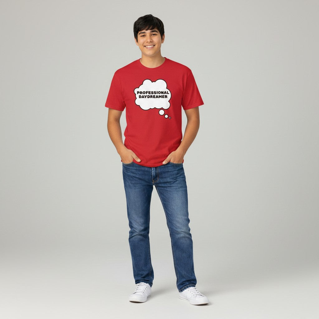 Jena Jewelry red cotton t-shirt with a white thought bubble graphic that says "PROFESSIONAL DAYDREAMER".
