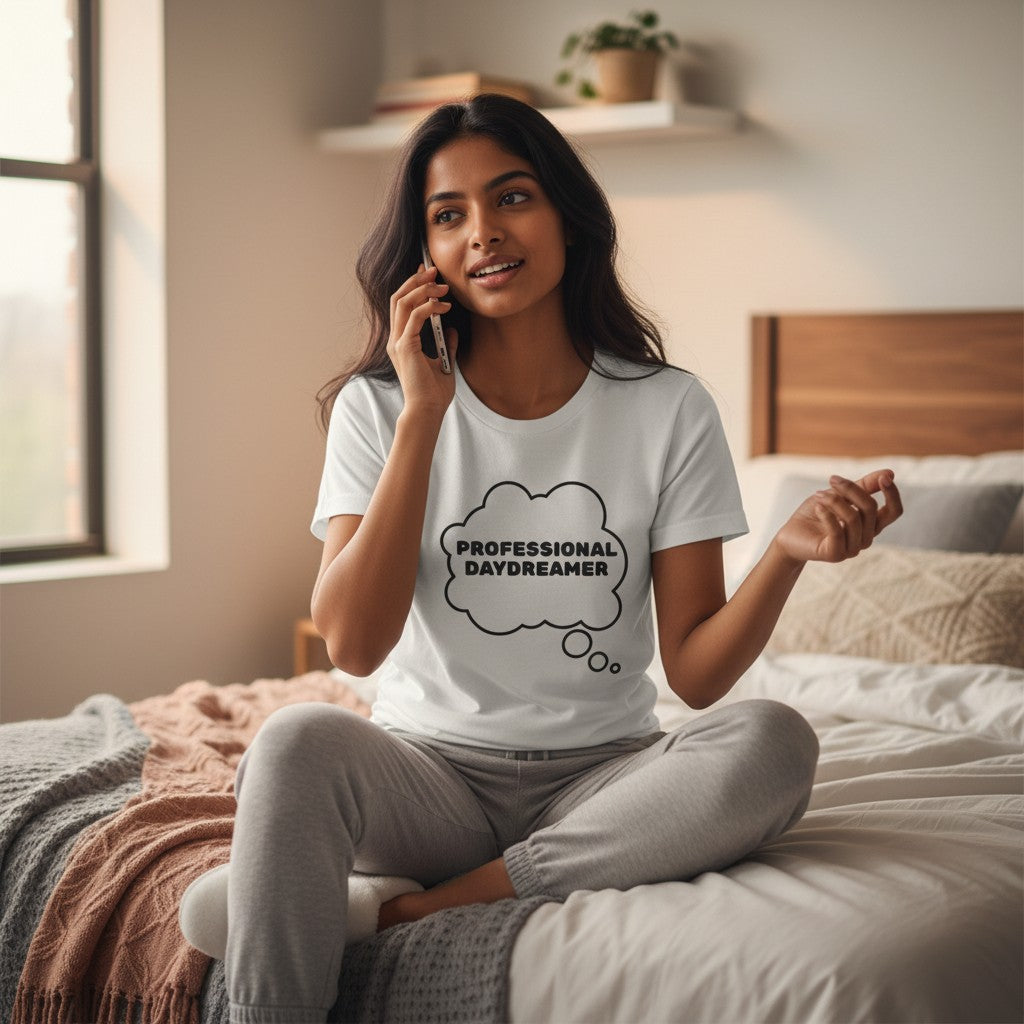 Jena Jewelry white 100% cotton t-shirt with a black thought bubble graphic that says "PROFESSIONAL DAYDREAMER".