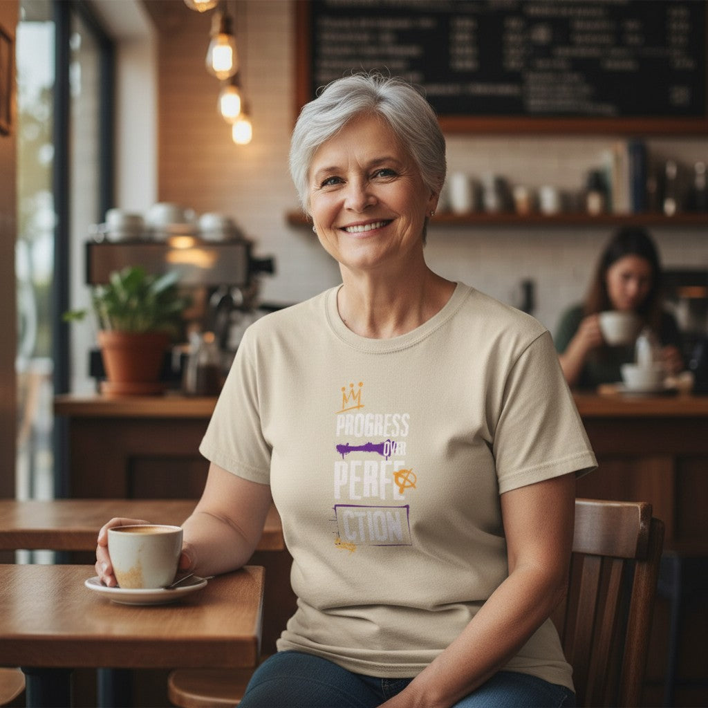 Jena Jewelry beige 100% cotton t-shirt with 'Progress Over Perfection' graphic in purple and gold. Relaxed fit, crew neck.