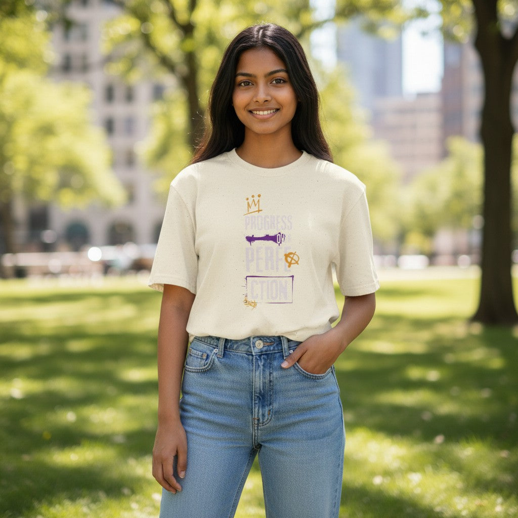 Jena Jewelry cream graphic tee with purple and gold "Progress Over Perfection" text and crown graphic. 100% cotton.