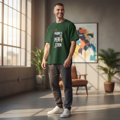 Jena Jewelry dark green 100% cotton t-shirt with "Progress Over Perfection" graphic in purple and gold.