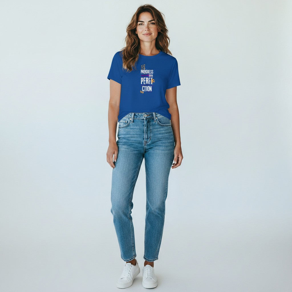 Jena Jewelry royal blue 100% cotton t-shirt with "Progress Over Perfection" graphic in purple and gold.
