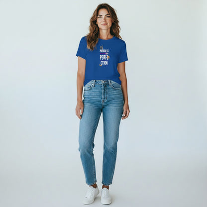 Jena Jewelry royal blue 100% cotton t-shirt with "Progress Over Perfection" graphic in purple and gold.