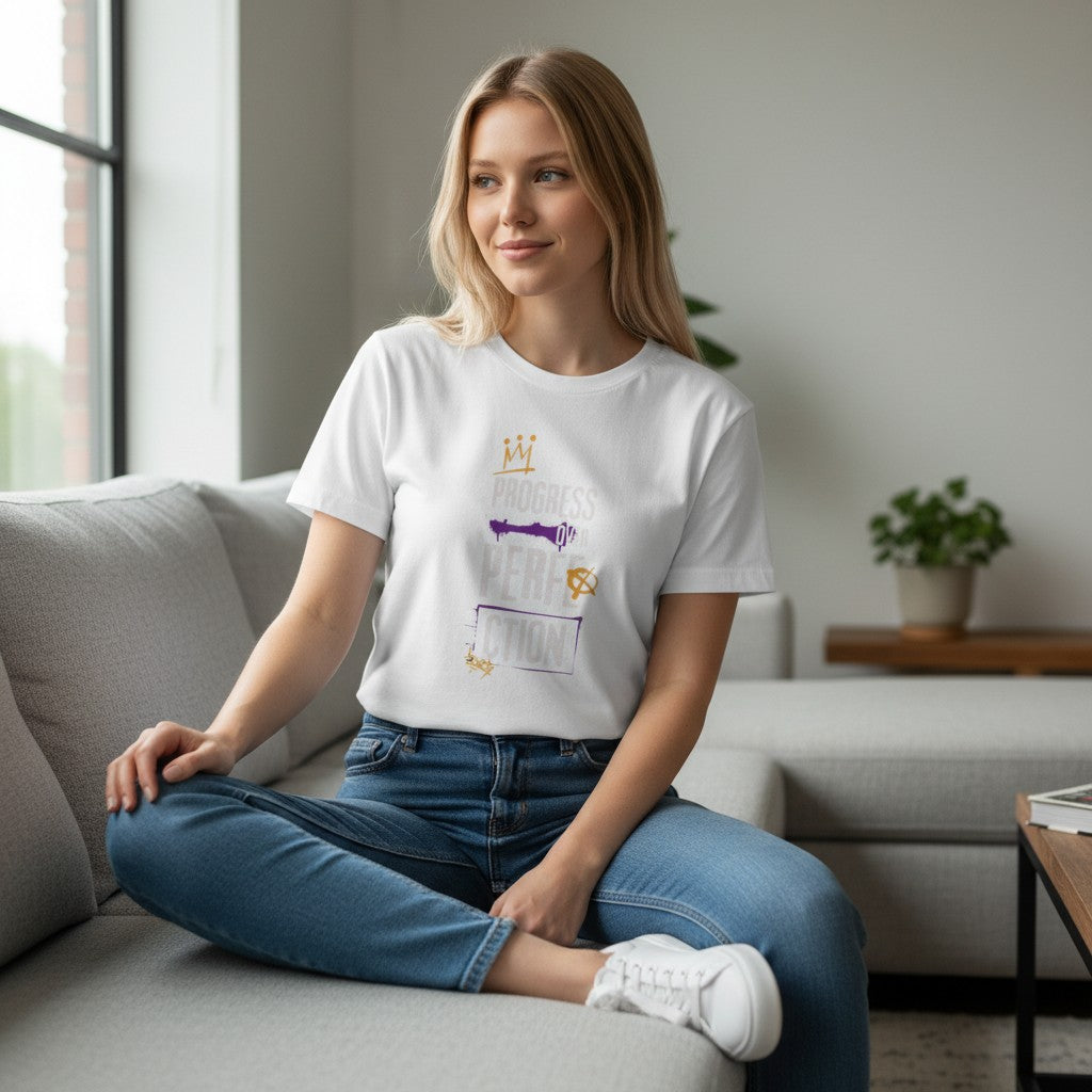 Jena Jewelry white 100% cotton t-shirt with a graphic print that says "Progress Over Perfection" in purple and gold.