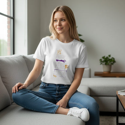Jena Jewelry white 100% cotton t-shirt with a graphic print that says "Progress Over Perfection" in purple and gold.