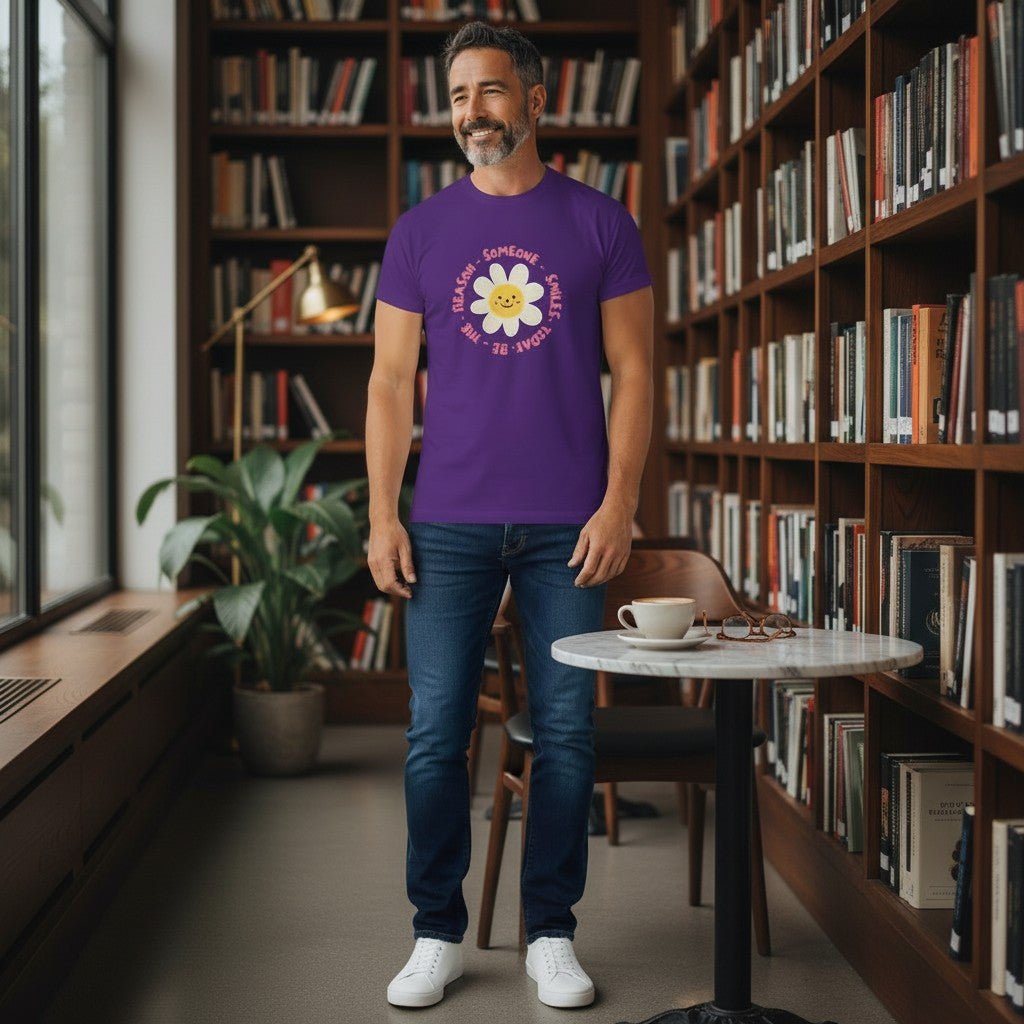 Jena Jewelry purple cotton t-shirt with a smiling daisy graphic and "Be the Reason Someone Smiles Today" text.