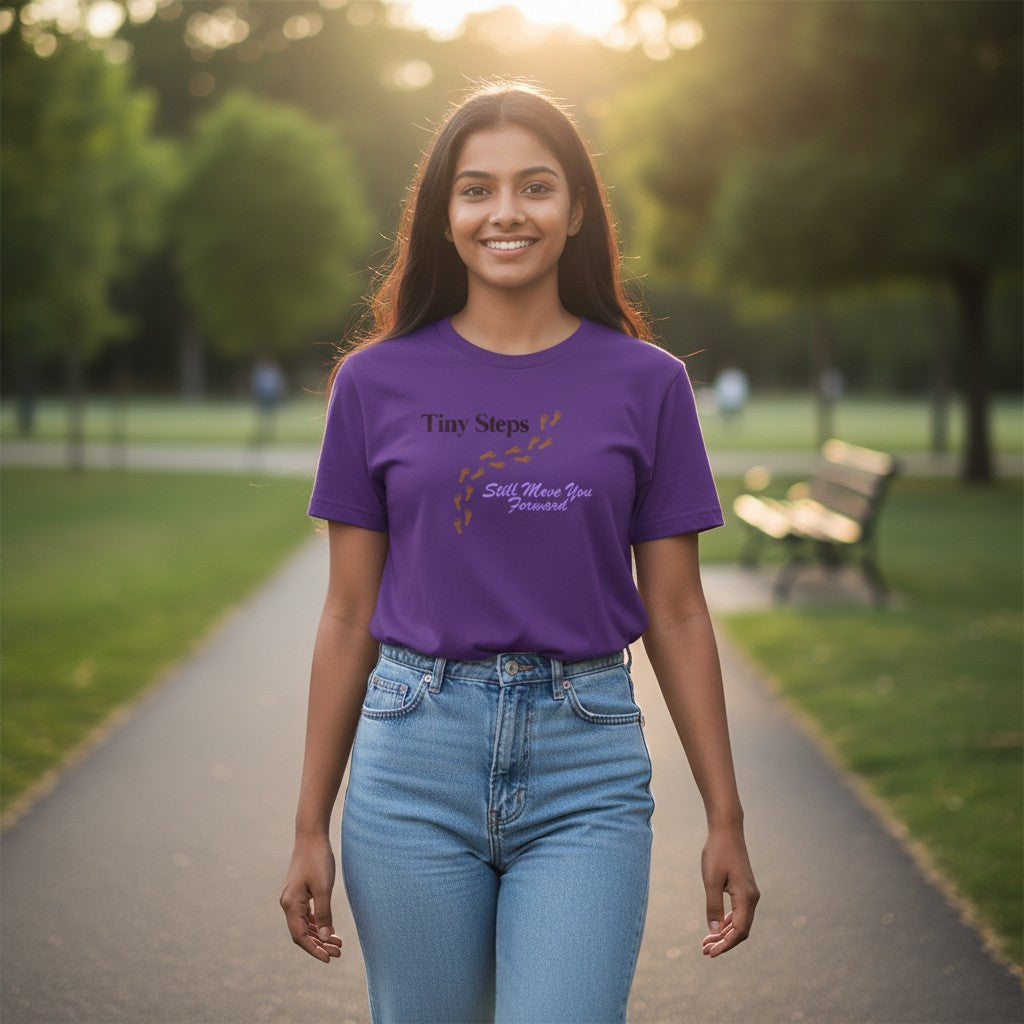Jena Jewelry purple 100% cotton t-shirt with "Tiny Steps" and footprints graphic. Inspirational tee.