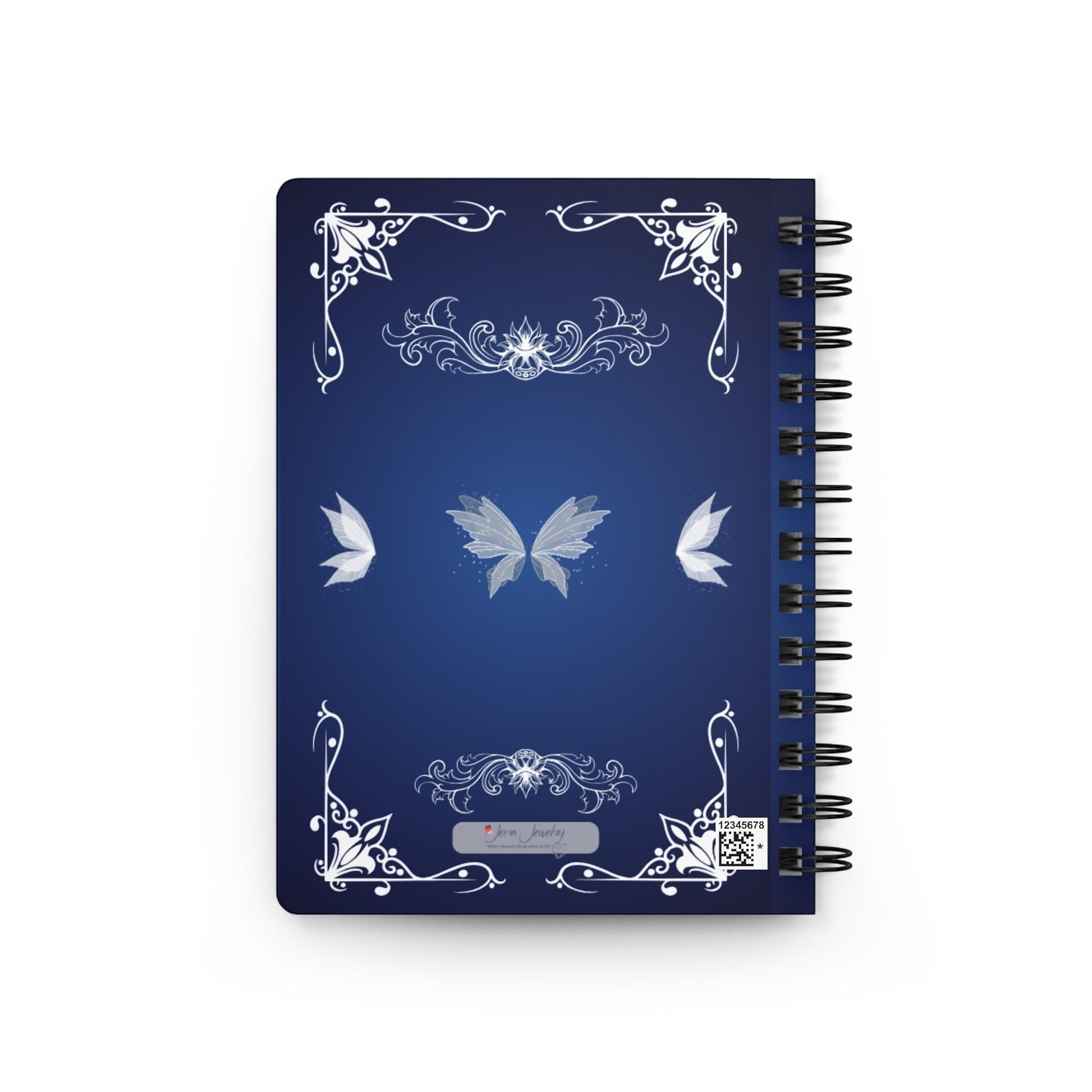 Jena Jewelry Quiet Power Journal, dark blue cover with white ornate borders and a central butterfly design. Spiral bound.