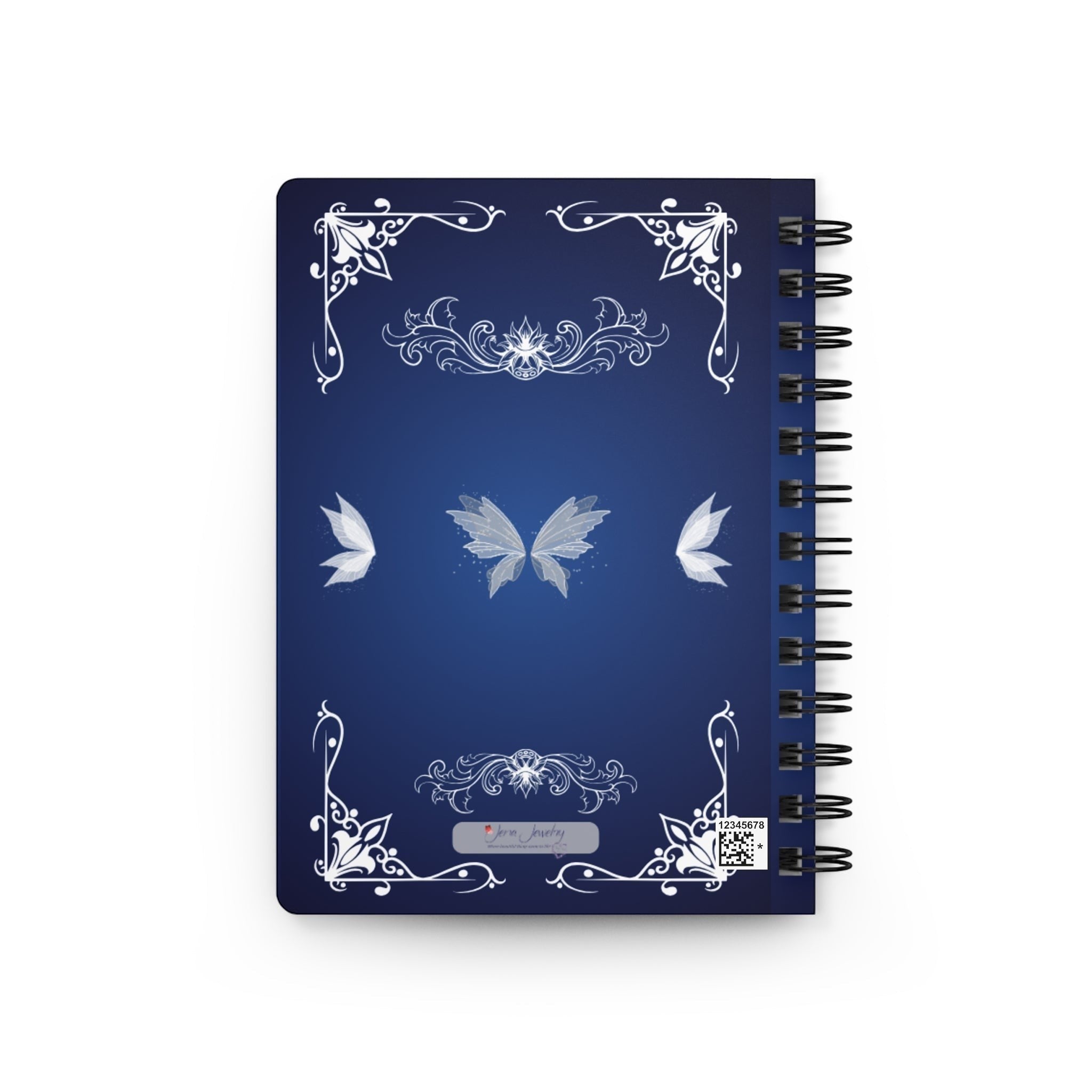 Jena Jewelry Quiet Power Journal, dark blue cover with white ornate borders and a central butterfly design. Spiral bound.