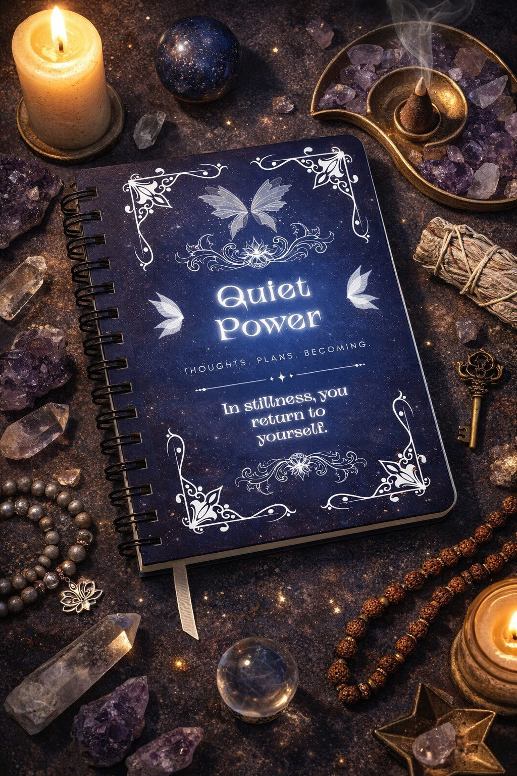 Jena Jewelry Quiet Power spiral notebook with a dark blue starry cover, featuring butterflies and inspirational quotes for personal growth and reflection.