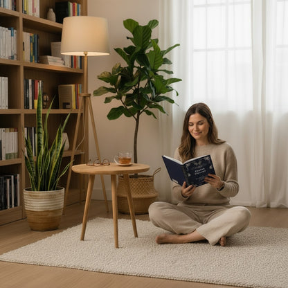Woman in beige sweater and pants reading a dark blue Quiet Power Journal in a cozy room with bookshelves and plants.