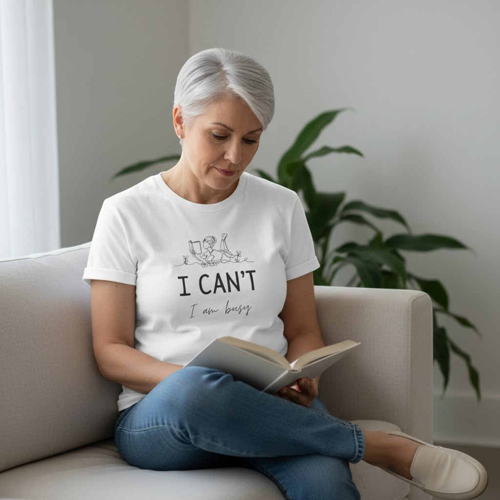 Jena Jewelry white 100% cotton relaxed fit t-shirt with a graphic print of a person reading and the text "I CAN'T I am busy".