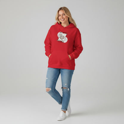 Jena Jewelry red cotton-poly blend hoodie with a map graphic and "adventure is calling" text.