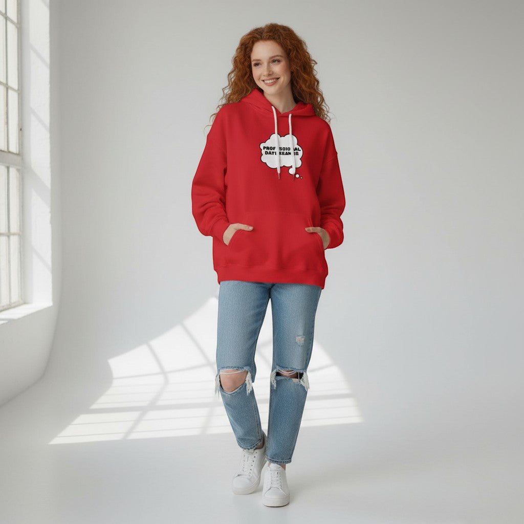Jena Jewelry red cotton-poly blend hoodie with "Professional Daydreamer" thought bubble graphic and kangaroo pocket.