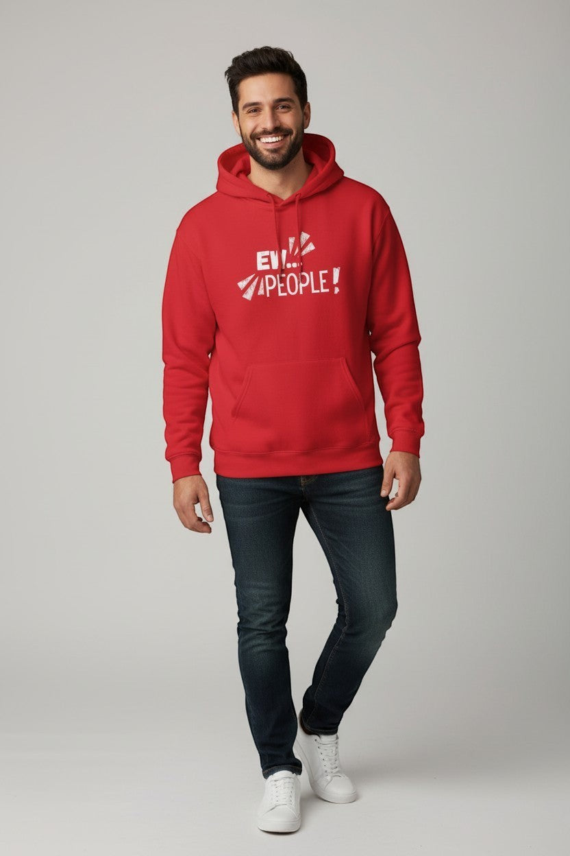Jena Jewelry red cotton-poly blend hoodie with "EW... PEOPLE!" graphic print and kangaroo pocket, worn by a man.
