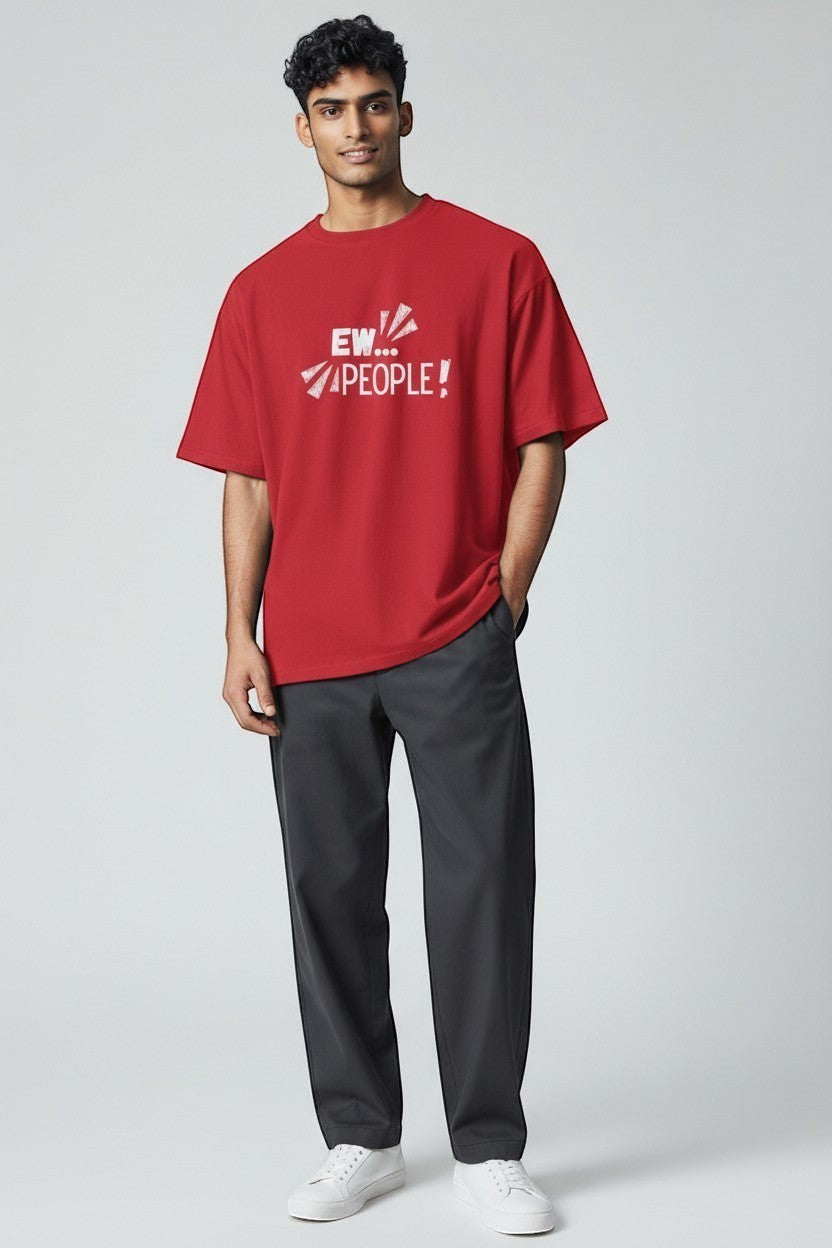 Jena Jewelry red 100% cotton t-shirt with white "EW... PEOPLE!" graphic print on chest. Relaxed fit, crewneck, short sleeves.