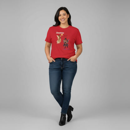 Jena Jewelry red cotton graphic tee with 'Sunshine Mixed with a Little Wild' text and fairy graphics.