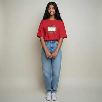 Jena Jewelry red 100% cotton t-shirt with "My brain has too many tabs open" graphic.