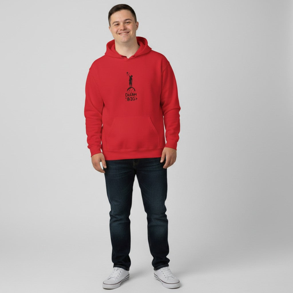 Jena Jewelry red cotton-poly blend hooded sweatshirt with a minimalist astronaut illustration and "Dream Big" text.