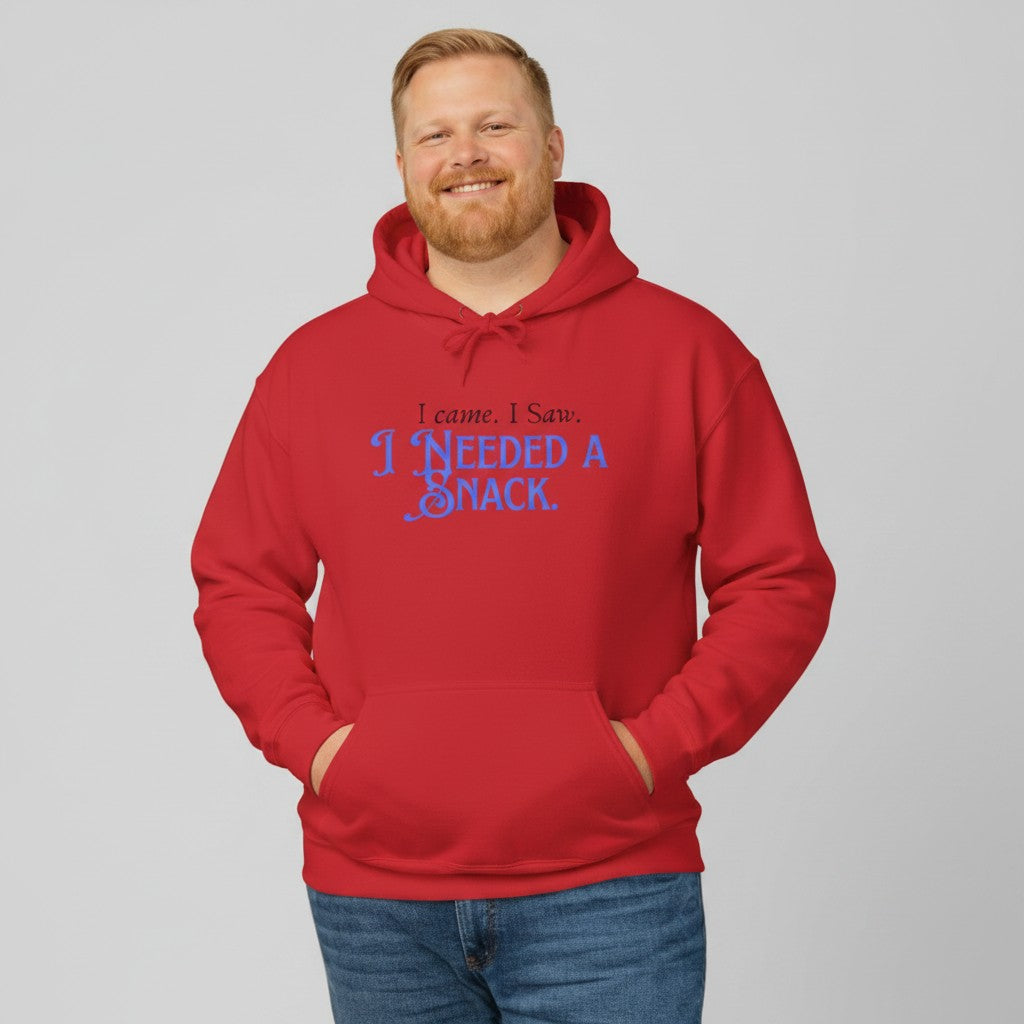 Jena Jewelry red cotton-poly blend hoodie with "I came. I saw. I needed a snack." graphic print on front.