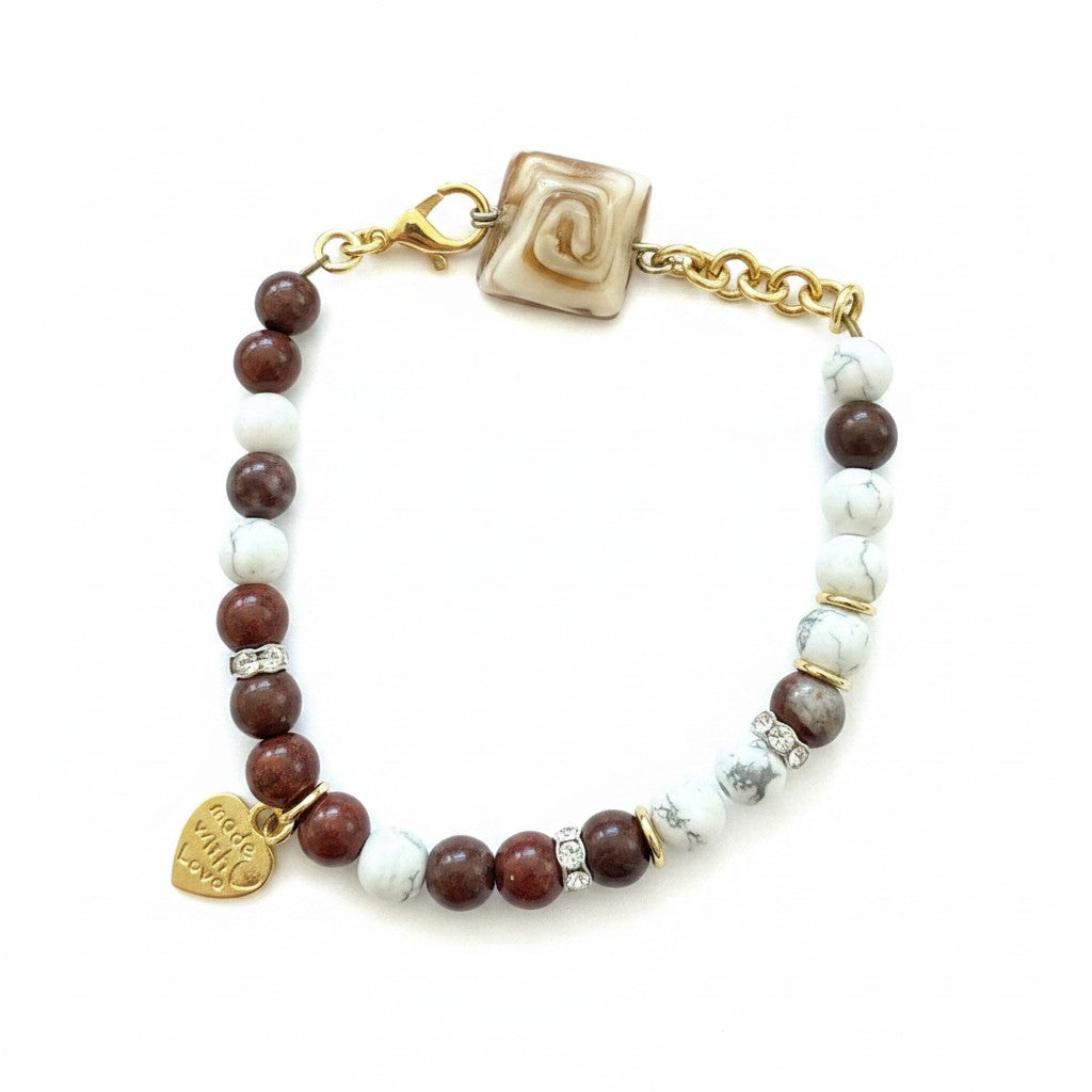 Jena Jewelry red jade and howlite beaded bracelet with gold-tone chain, rhinestones, and heart charm. Size 7".